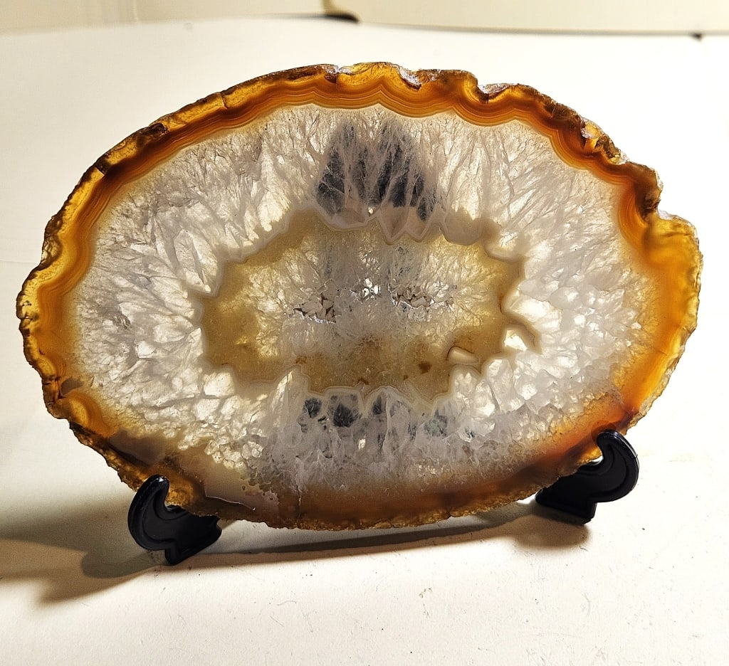 Natural banded Agate Slab w/ Crystal Center: Item is the exact item in the image - Items have all natural features, characteristics, natural compositional degradation. Bidder is responsible for all value and grade determination - Please