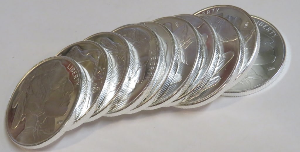 Lot of 10- 1 oz Silver Buffalo Design Rounds: Actual designs may vary - 1 oz Silver Buffalo Design Rounds - Please review all terms prior to placing any bids. Bidder is responsible for all value and grade determination.