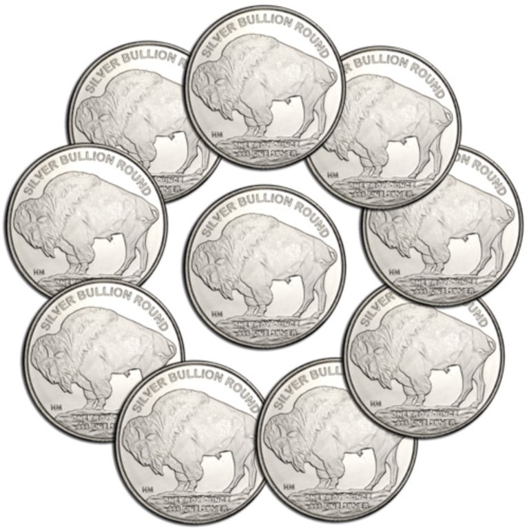 Lot of (10) 1 oz Silver Buffalo Rounds: Actual designs may vary - 1 oz Silver Buffalo Design Rounds - Please review all terms prior to placing any bids. Bidder is responsible for all value and grade determination.