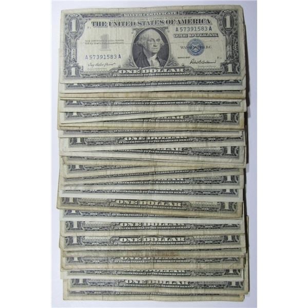 (50) Random Date $1 Silver Certificates: Items will be mixed and random to our stock on hand - Image shpws approximate grade and is stock image -