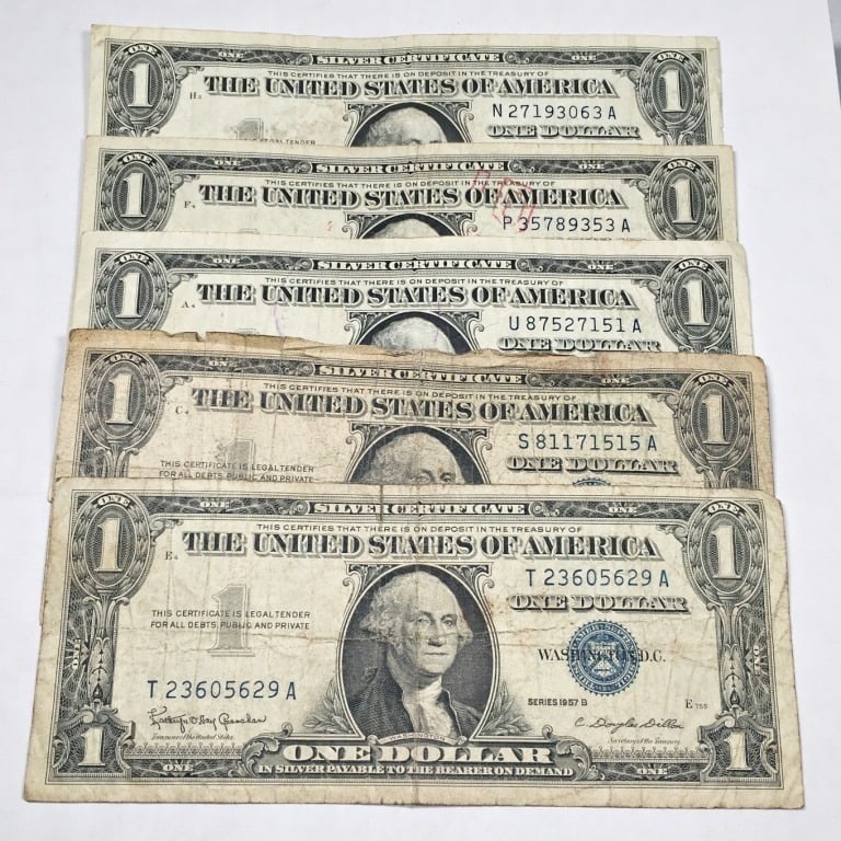 (5) Random Date US Silver Certificates $1: Items will be mixed and random to our stock on hand - Image shpws approximate grade and is stock image -