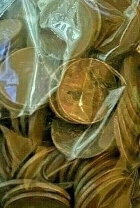 A Bag of (100 unsearched Lincoln Wheat Cents: An unsearched bag counted from large hoard into parcels of 100 pcs.