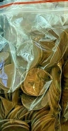 A Bag of (100 unsearched Lincoln Wheat Cents: An unsearched bag counted from large hoard into parcels of 100 pcs.