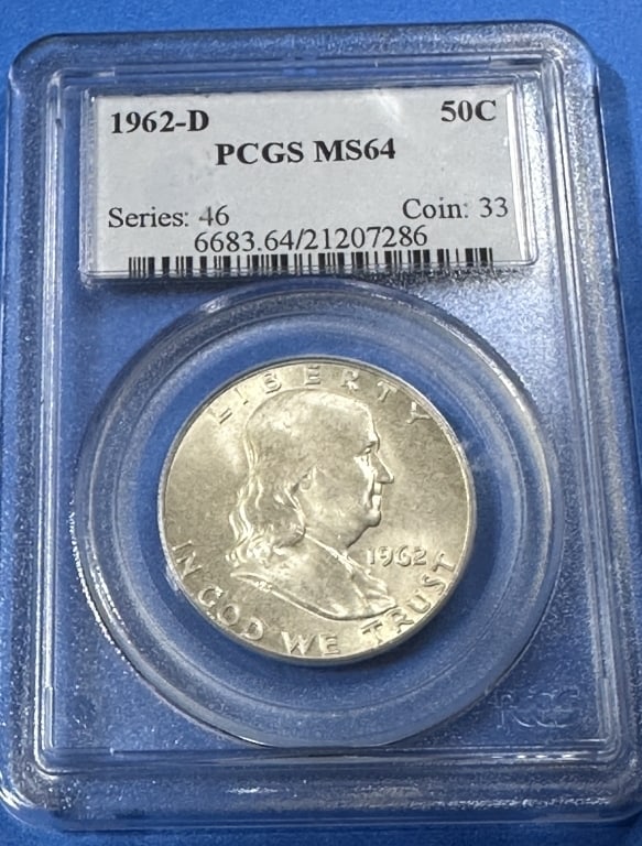 1962 d- MS 64 PCGS- Franklin Half Dollar: Item is the exact item in the image - Bidder is responsible for all value and grad determination - Please review all terms and conditions prior to placing any bids-
