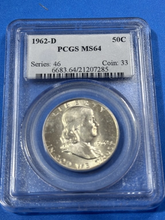 1962-D-MS64 PCGS Franklin Half Dollar: Item is the exact item in the image - Bidder is responsible for all value and grad determination - Please review all terms and conditions prior to placing any bids-