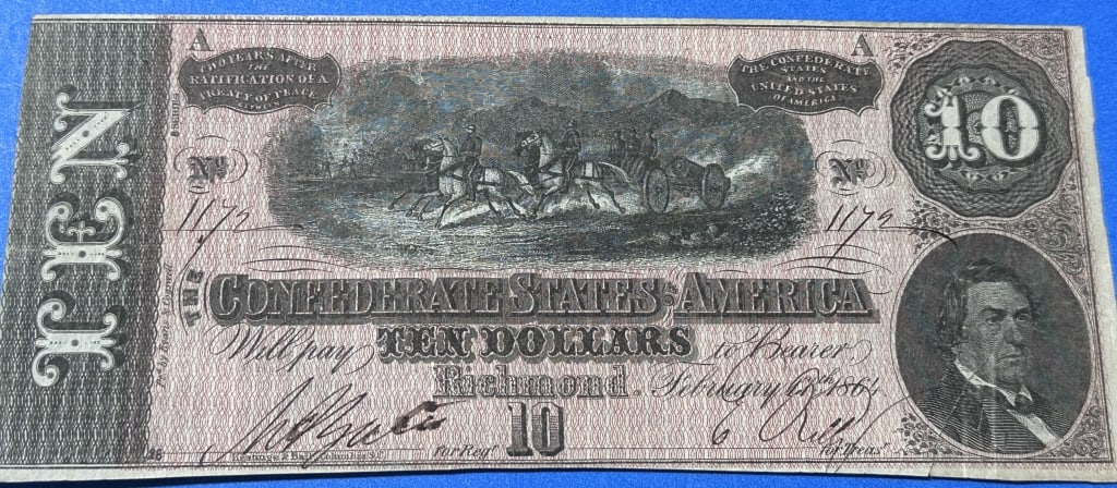 1864 $10 Confederate Civil War Currency: Item is the exact item in the image- Bidder is responsible for all value and grade determination - Please review the entire terms and conditions prior to placing any bids-