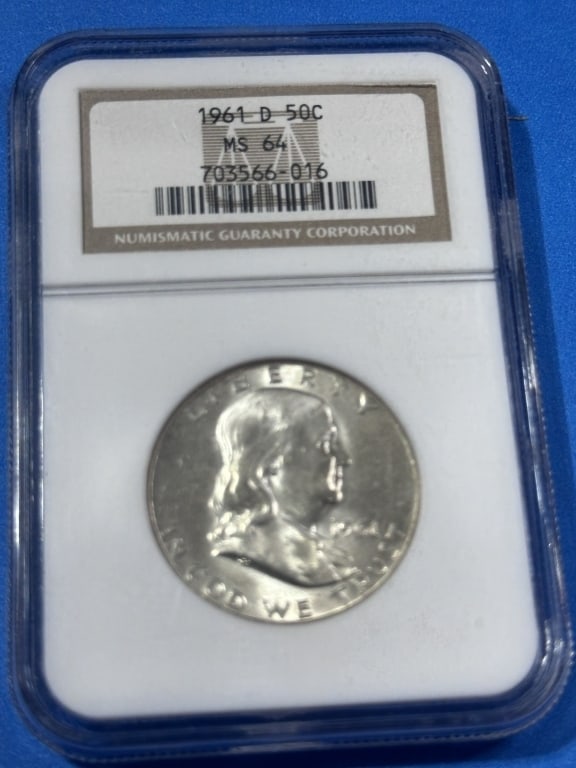 1961-D-MS 64 NGC Franklin Half Dollar: Item is the exact item in the image - Bidder is responsible for all value and grad determination - Please review all terms and conditions prior to placing any bids-
