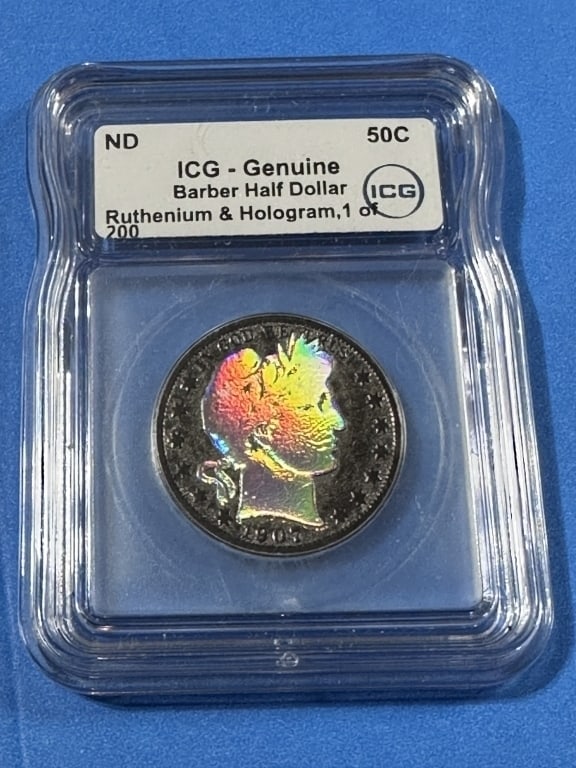 1907-LE1-200 Ruthenium Hologram Barber Half Dollar: Item is the exact item in the image - Bidder is responsible for all value and grad determination - Please review all terms and conditions prior to placing any bids-
