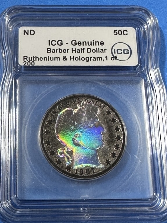 1907-LE-Ruthenium Hologram Barber Half Dollar: Item is the exact item in the image - Bidder is responsible for all value and grad determination - Please review all terms and conditions prior to placing any bids-