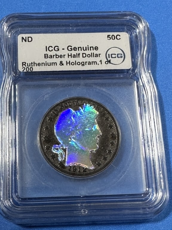 1912 -LE-Ruthenium Hologram Barber Half Dollar: Item is the exact item in the image - Bidder is responsible for all value and grad determination - Please review all terms and conditions prior to placing any bids-