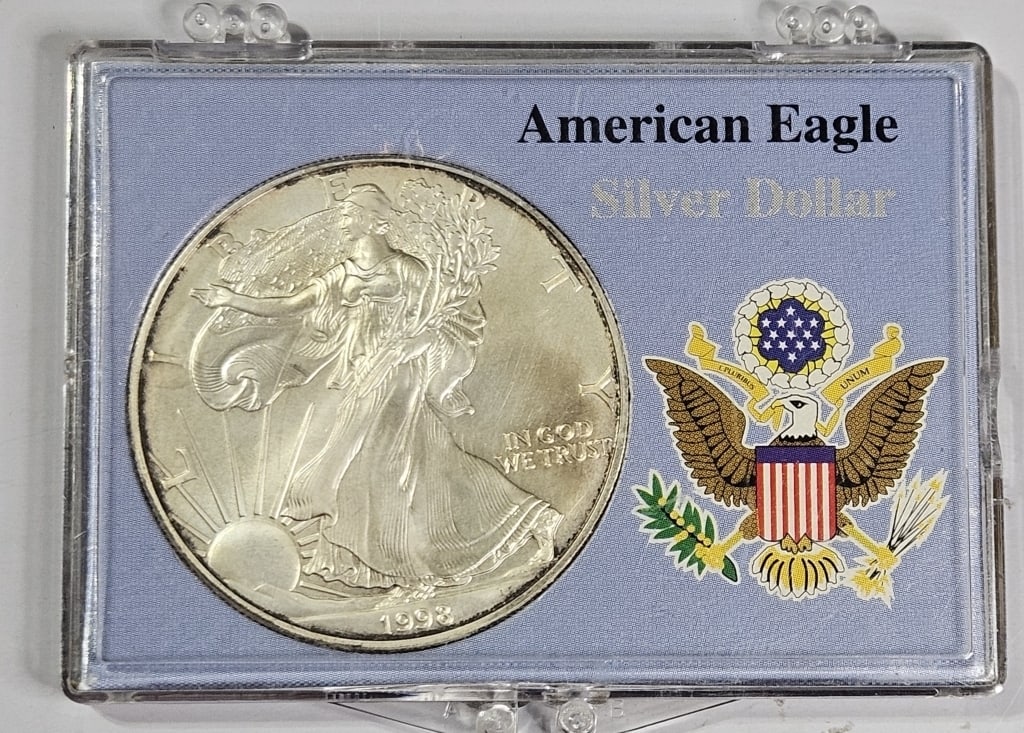 1998 US Silver Eagle in Collectors Plastic Slab: Item is the exact item in the image - Bidder is responsible for all value and grade determination - Please review all terms and conditions prior to placing any bids-