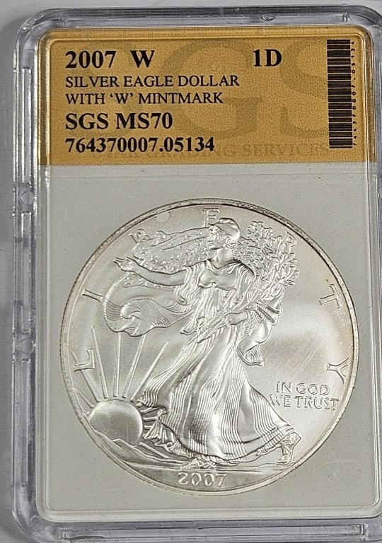 2007 W MS 70 SGS US Silver Eagle: Item is the exact item in the image - Bidder is responsible for all value and grade determination - Please review all terms and conditions prior to placing any bids-