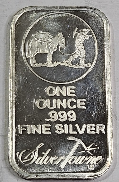 1 oz Silvertowne Prospector Design Silver Bar: Item is the exact item in the image - Bidder is responsible for all value and grade determination - Please review all terms and conditions prior to placing any bids-