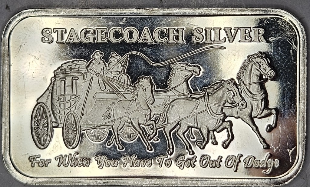 1 oz. Stagecoach Silver Bar - 1/4/d Reverse: Item is the exact item in the image - Bidder is responsible for all value and grade determination - Please review all terms and conditions prior to placing any bids-