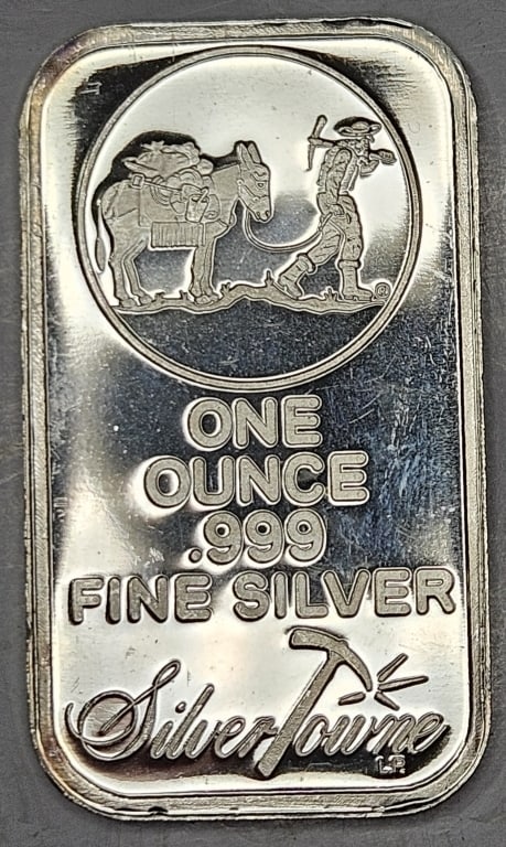 1 oz Silvertowne Prospector Design Silver Bar: Item is the exact item in the image - Bidder is responsible for all value and grade determination - Please review all terms and conditions prior to placing any bids-
