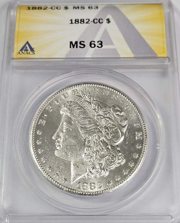 1882 Carson City - CC MS 63 ANACS Morgan Dollar: Item is the exact item in the image - Bidder is responsible for all value and grade determination - Please review all terms prior to placing 