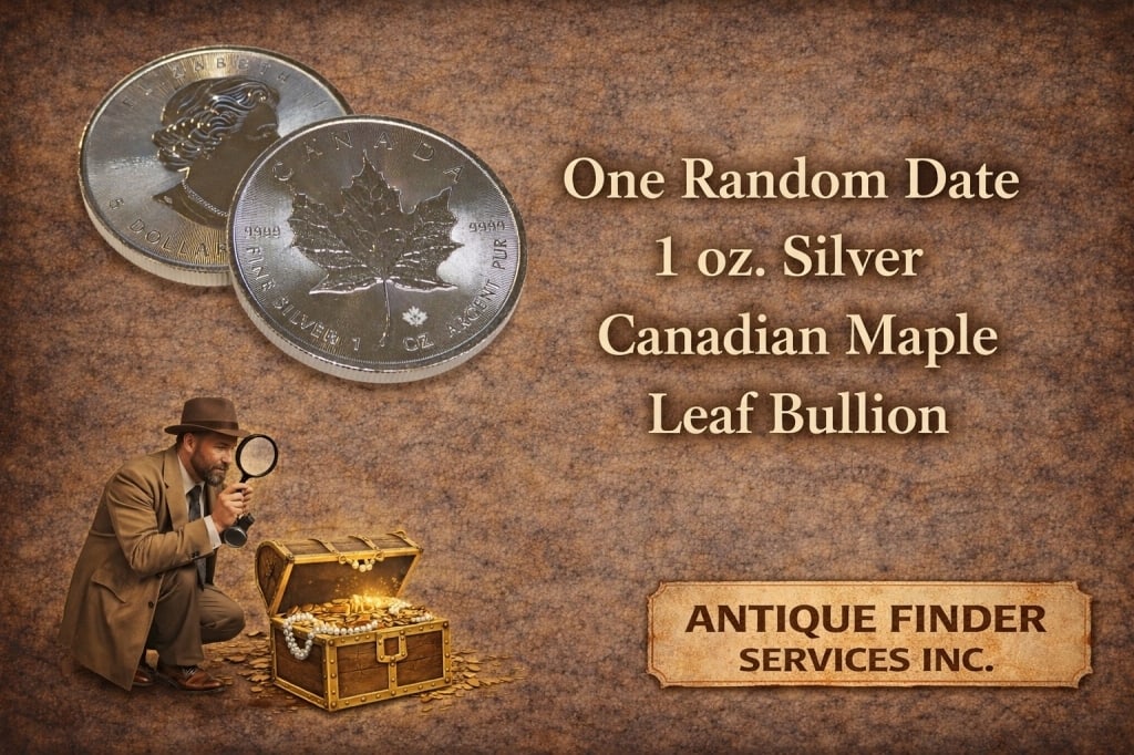 1 oz Silver Canadian Maple Leaf - Random Date: Item (s) will be a Sovereign Canadian Silver 1 oz Maple Leaf. Dates will be random from our stock on hand at the time of the auction.