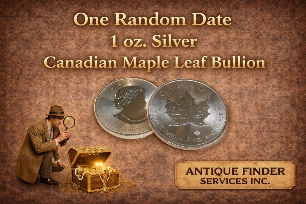 1 oz Random Date Silver Maple Leaf: Item will be a Sovereign Canadian Silver 1 oz Maple Leaf. Dates will be random from our stock on hand at the time of the auction.