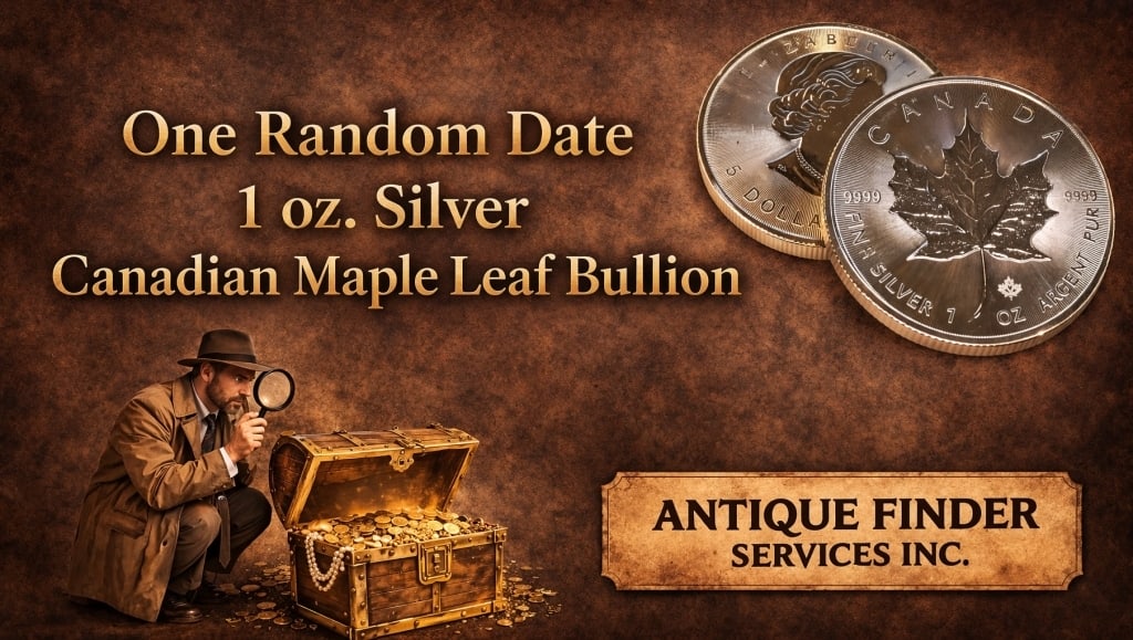 1 oz Random Date Silver Maple Leaf: Item will be a Sovereign Canadian Silver 1 oz Maple Leaf. Dates will be random from our stock on hand at the time of the auction.