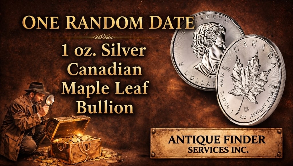 1 oz Silver Canadian Maple Leaf - Random Date: Item (s) will be a Sovereign Canadian Silver 1 oz Maple Leaf. Dates will be random from our stock on hand at the time of the auction.
