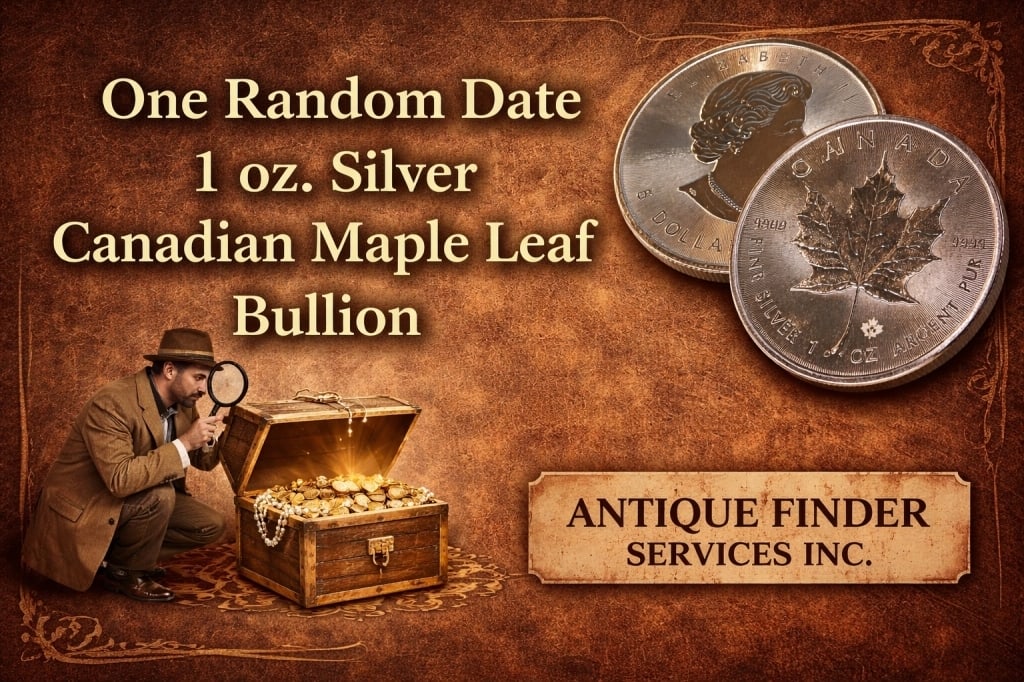 1 oz Random Date Silver Maple Leaf: Item will be a Sovereign Canadian Silver 1 oz Maple Leaf. Dates will be random from our stock on hand at the time of the auction.