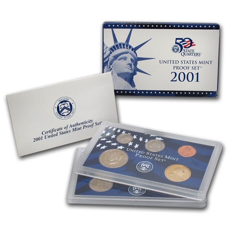 2001 US Mint Proof Set in OMB: US Proof Set in OMB. These are all from US Mint in Original holders. Some handling wear may be present in the envelopes and the holders, but coins are untouched and in 