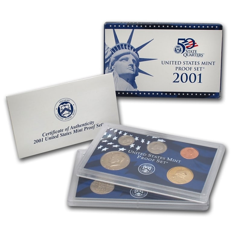 2001 US Mint Proof Set in OMB: US Proof Set in OMB. These are all from US Mint in Original holders. Some handling wear may be present in the envelopes and the holders, but coins are untouched and in original mint boxing and wrappin
