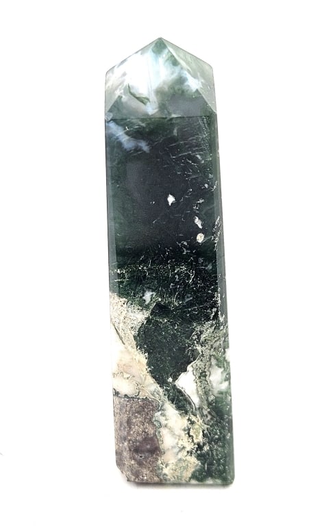 Moss Agate 4 sided Polished Tower Point: Item is the exact item in the image - Please review all terms and conditions prior to placing any bids - Bidder is responsible for all value grade dtermination - All sales final and any bid is an