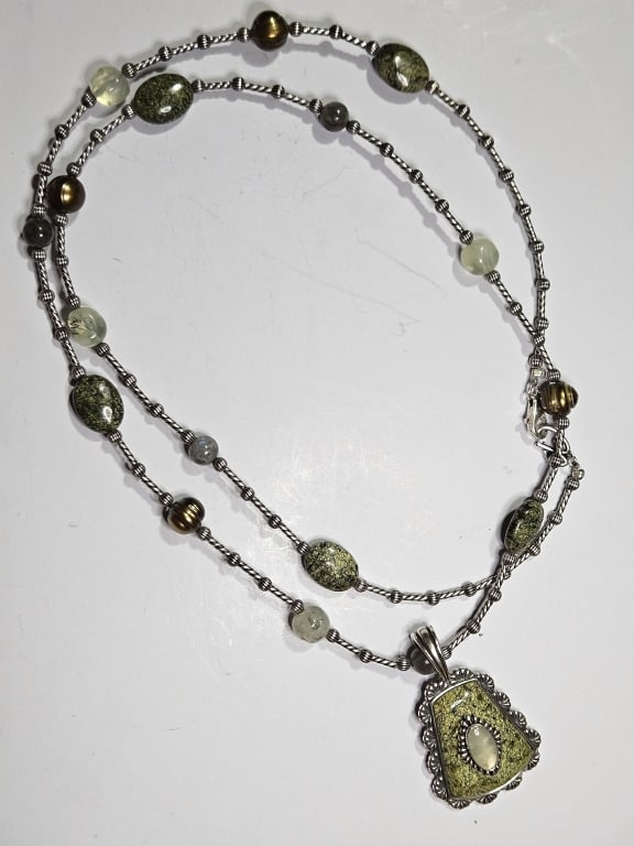 WOW~ C. Pollack Designer Jasper Necklace: 24" total - Nicely Doubles on neck - labradorite beads-green prehnite - baroque pearls - oval snakeskin Jasper - Item is the exact item in the image- Bidder is responsible for all value and