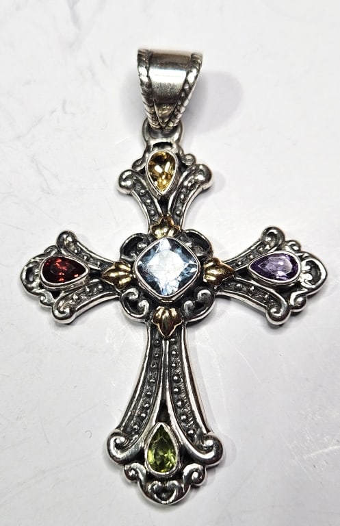 Sterling Silver and 18k Gold - Gemstone Cross: Item is the exact item in the image- Bidder is responsible for all value and grade dtermination - Please review all terms and conditions prior to placing any bids-