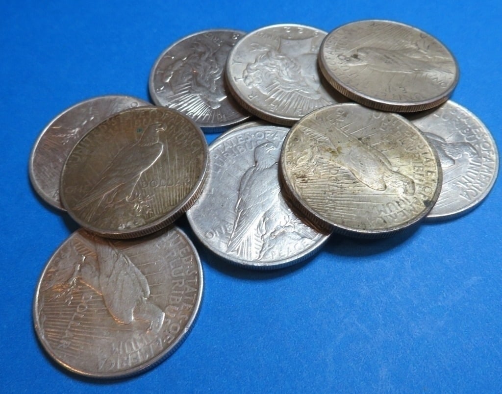 (10) Random Date/Grade Peace Silver Dollars: Items are as shown in image and described in title- Random date and large bulk lots may be stock images, since we have more than one of the items in the lot.
