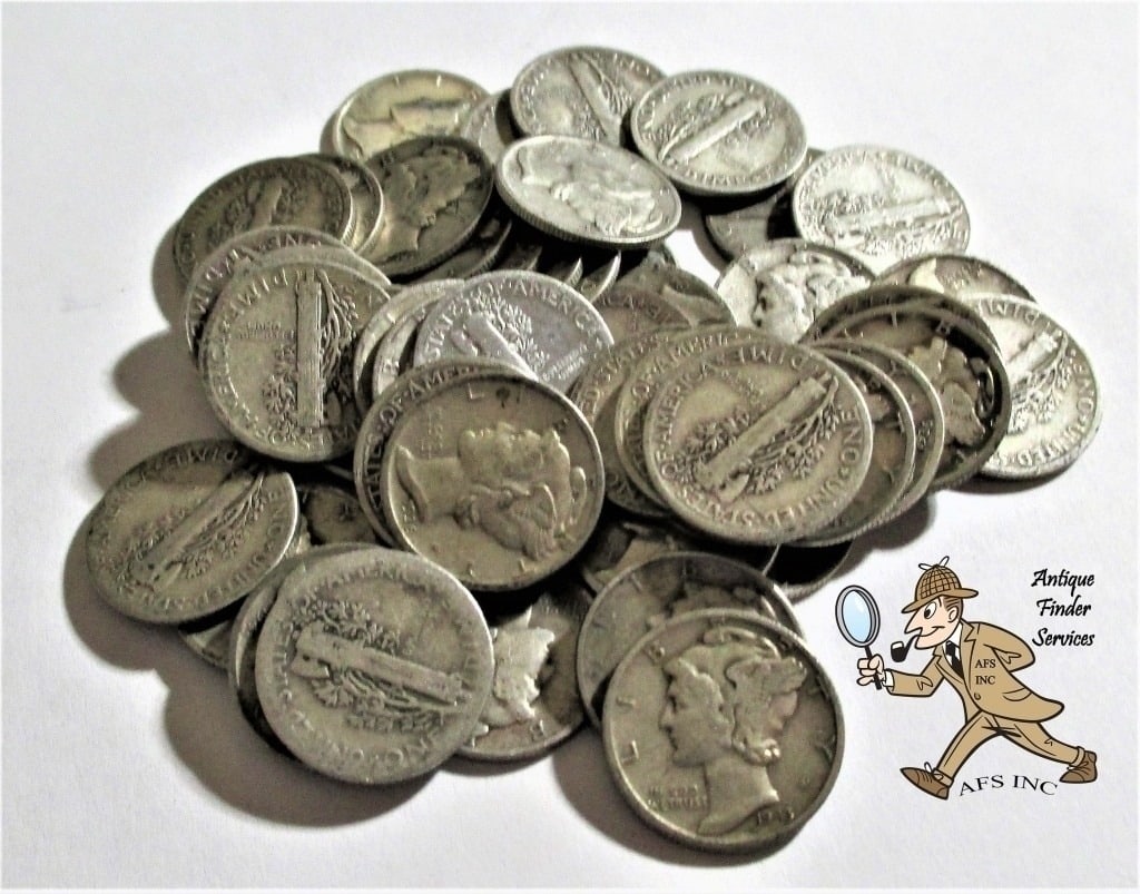 (50) Random Date Mercury Dimes- 90% Silver: Items will be as shown in the image- A mixed date and grade lot. Please review the entire terms and conditions prior to placing any bids-