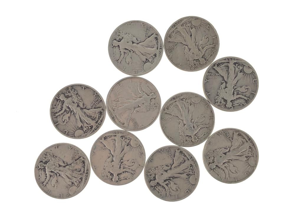 (10) Random Date/Grade Walking Liberty Halves: Items are as shown in the image and described in the title - Please note tht we have more than one of these items and the exact item in the image may not be the item you recieve. 
