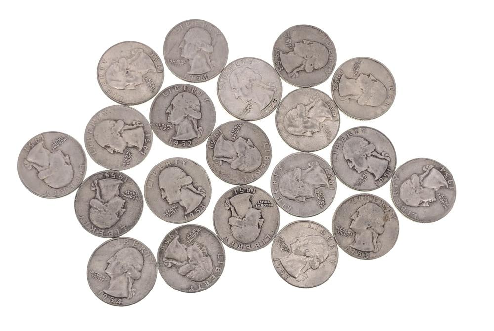 (20) Random Date 90% Silver Washington Quarters: Items are as shown in the image and described in the title - Please note tht we have more than one of these items and the exact item in the image may not be the item you recieve. 
