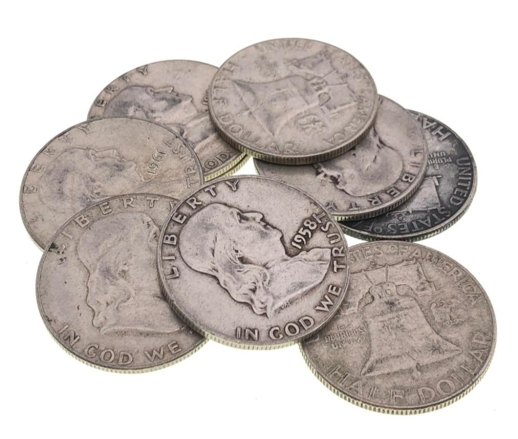 (8) Random Date 90% Silver Franklin Halves: Items are as shown in the image and described in the title - Please note tht we have more than one of these items and the exact item in the image may not be the item you recieve. Winning bidder will