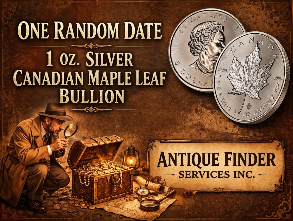 1 oz Random Date Silver Maple Leaf: Item will be a Sovereign Canadian Silver 1 oz Maple Leaf. Dates will be random from our stock on hand at the time of the auction.