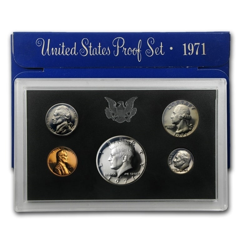 1971 US Mint Proof Set: US Proof Set in OMB. These are all from US Mint in Original holders. Some handling wear may be present in the envelopes and the holders, but coins are untouched and in original mint boxing and