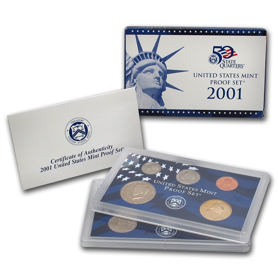 2001 US Mint Proof Set in OMB: US Proof Set in OMB. These are all from US Mint in Original holders. Some handling wear may be present in the envelopes and the holders, but coins are untouched and in original mint boxing and