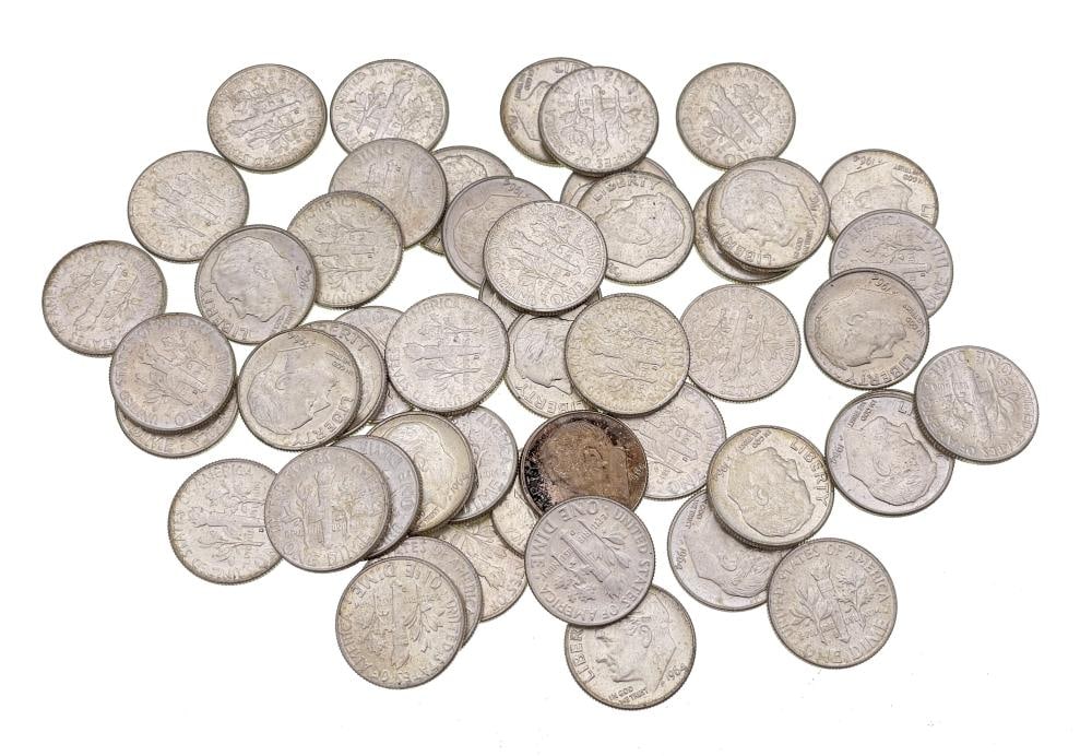 (50) Random Date 90% Silver Roosevelt Dimes: Items are as shown in the image and described in the title - Please note that we have more than one of these items and the exact item in the image may not be the item you recieve. Winning bidder will 