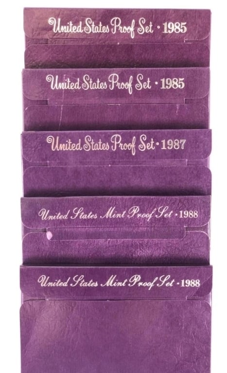 1985-85-87-88-88 US Mint Proof Sets: Items are as shown in the image and described in the title - Please note tht we have more than one of these items and the exact item in the image may not be the item you recieve. Winning bidder