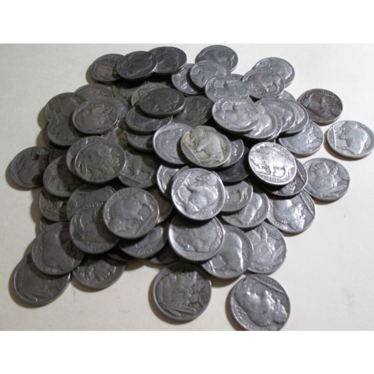 (50) Random Date Buffalo Nickels - Mixed Grades: Winning bidder will receive 40 random date and grade buffalo nickels - Image shows type of coins winning bidder will receive -