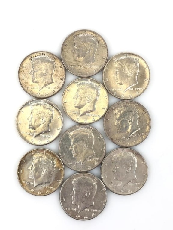 (10) 1964 Kennedy Half Dollars 90% Silver: Items are as shown in the image and described in the title - Please note tht we have more than one of these items and the exact item in the image may not be the item you recieve. Winning bidder will