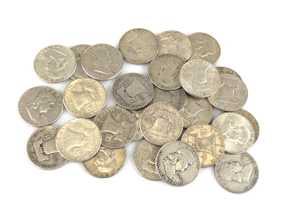 (25) Random Date 90% Silver Franklin Halves: Items are as shown in the image and described in the title - Please note tht we have more than one of these items and the exact item in the image may not be the item you recieve. Winning bidder will