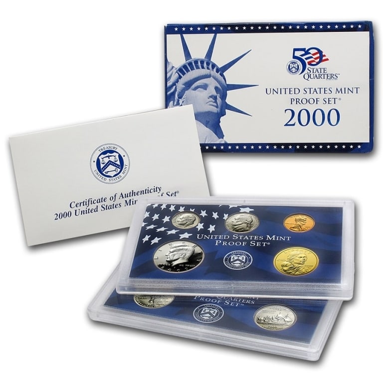 2000 US Mint Proof Set in OMB: US Proof Set in OMB. These are all from US Mint in Original holders. Some handling wear may be present in the envelopes and the holders, but coins are untouched and in original mint boxing and