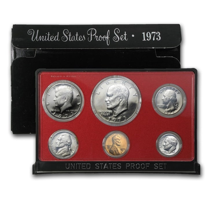 1973 US Mint Proof Set: US Proof Set in OMB. These are all from US Mint in Original holders. Some handling wear may be present in the envelopes and the holders, but coins are untouched and in original mint boxing andwrapping