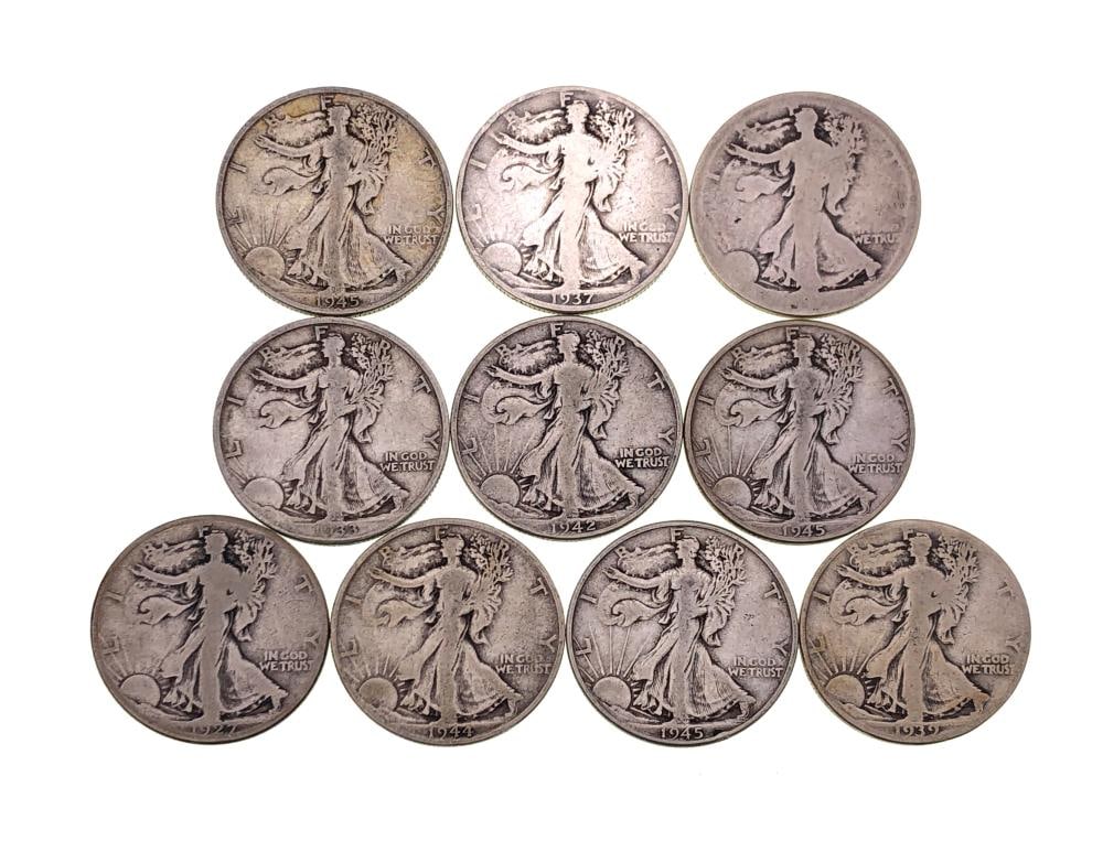 (10) Random Date/Grade Walking Liberty Halves: Items are as shown in the image and described in the title - Please note that we have more than one of these items and the exact item in the image may not be the item you recieve. Winning bidder will