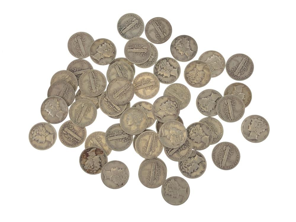 (50) Random Date/Grade Mercury Dimes 90% Silver: Items are as shown in the image and described in the title - Please note tht we have more than one of these items and the exact item in the image may not be the item you recieve. Winning bidder will