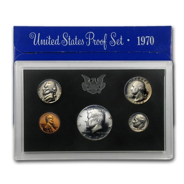 1970 US Mint Proof Set Large Date: US Proof Set in OMB. These are all from US Mint in Original holders. Some handling wear may be present in the envelopes and the holders, but coins are untouched and in original mint boxing and