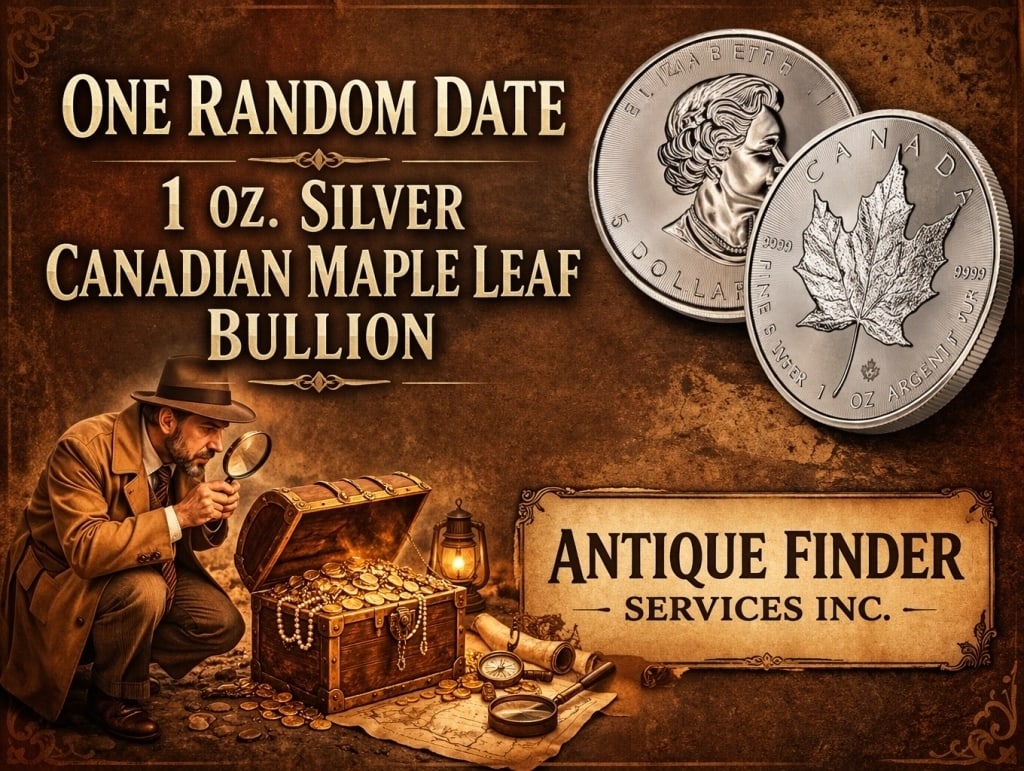 1 oz Random Date Silver Maple Leaf: Item will be a Sovereign Canadian Silver 1 oz Maple Leaf. Dates will be random from our stock on hand at the time of the auction.