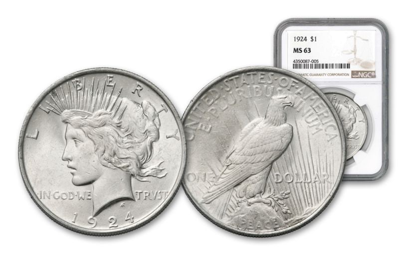 1924 MS 64 NGC Peace Silver Dollar: Items are as shown in image - grade and date are exact- Due to the fact that we have multiples of these items -Winning bidder may not receive exact serial numbers shown